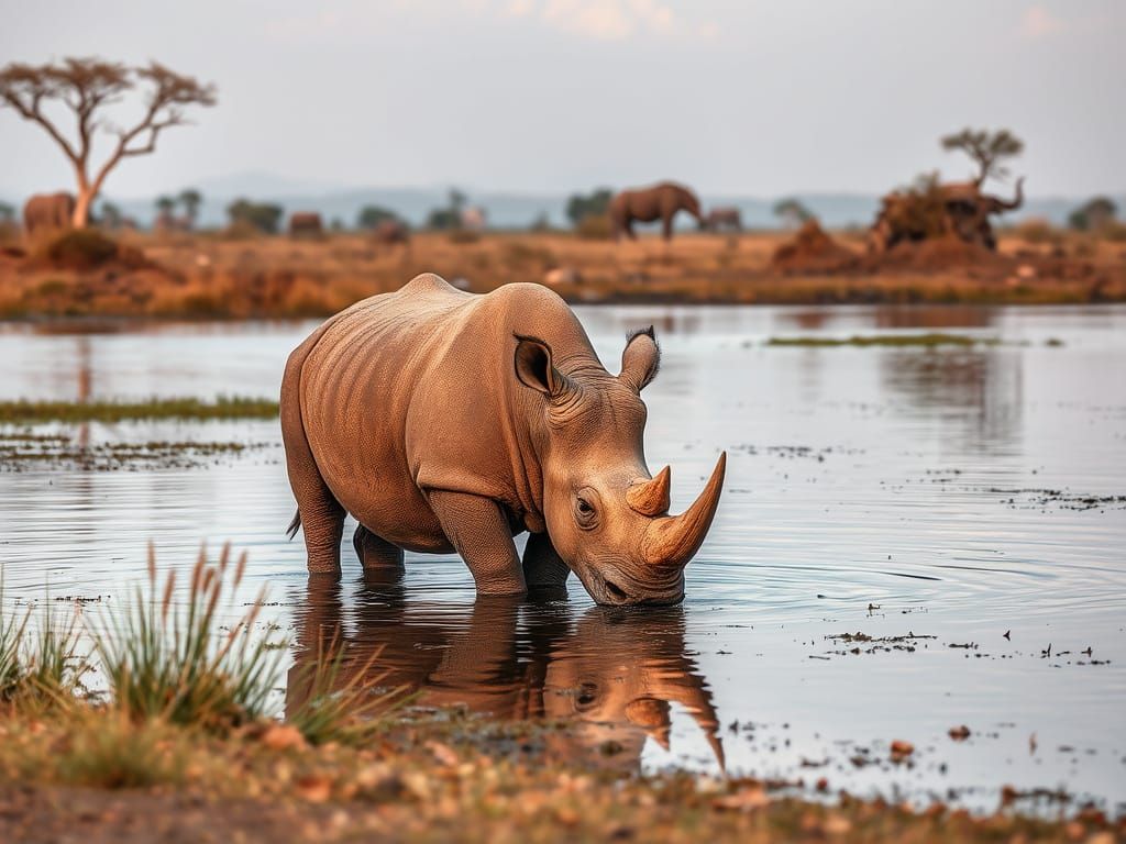 Rhino Drinking Peacefully by Lake in Savannah