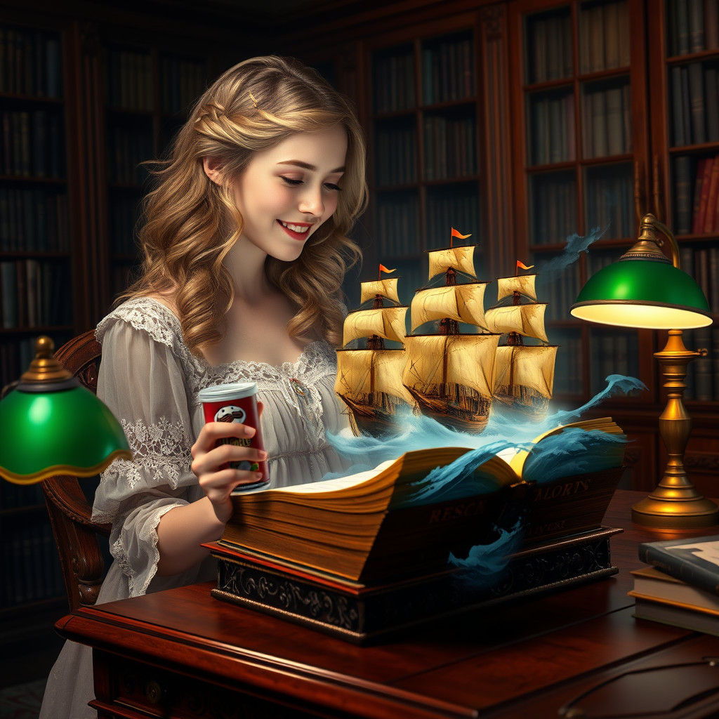 Woman with Holographic Pirates in Victorian Study