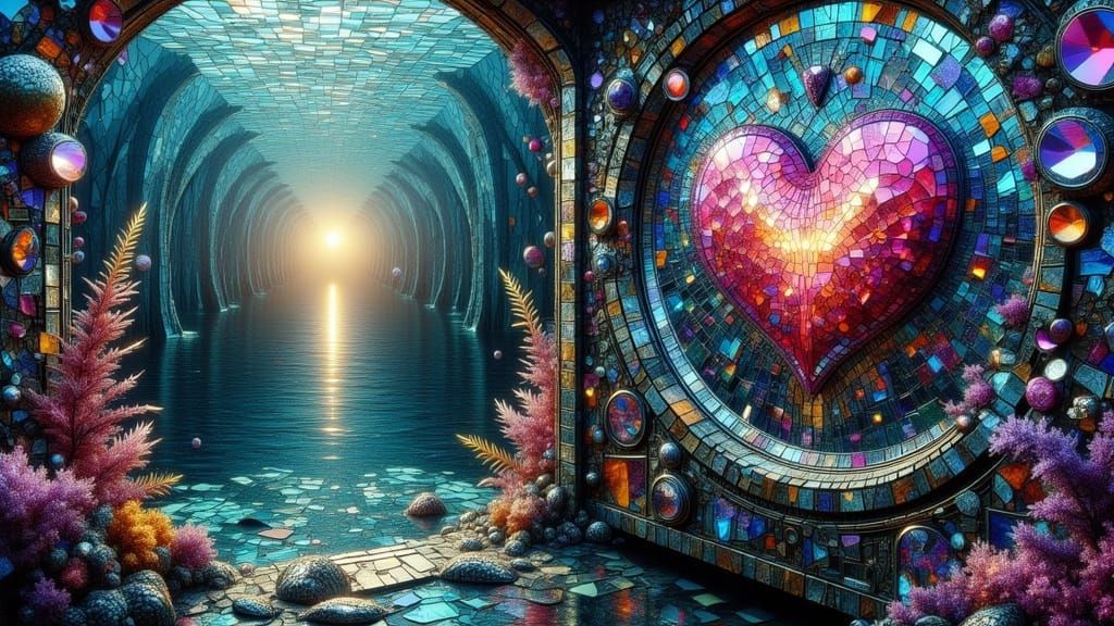 Underwater Heart Reflection in Mosaic Style