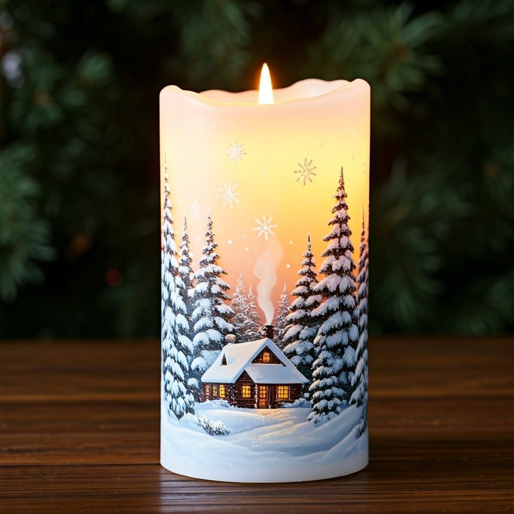 Whimsical Winter Wonderland Scene on a Snow-White Candle