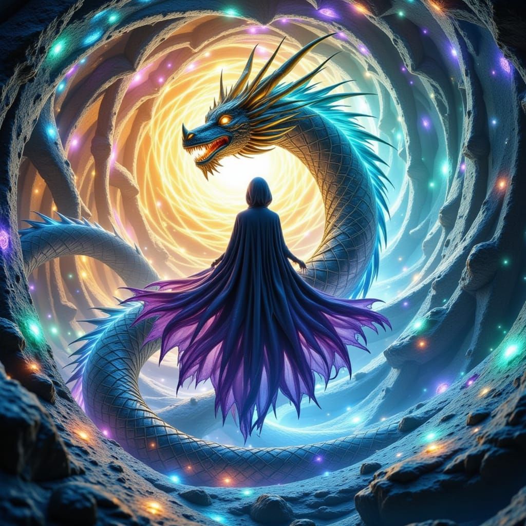 Woman Riding Iridescent Dragon in Vortex Tunnel