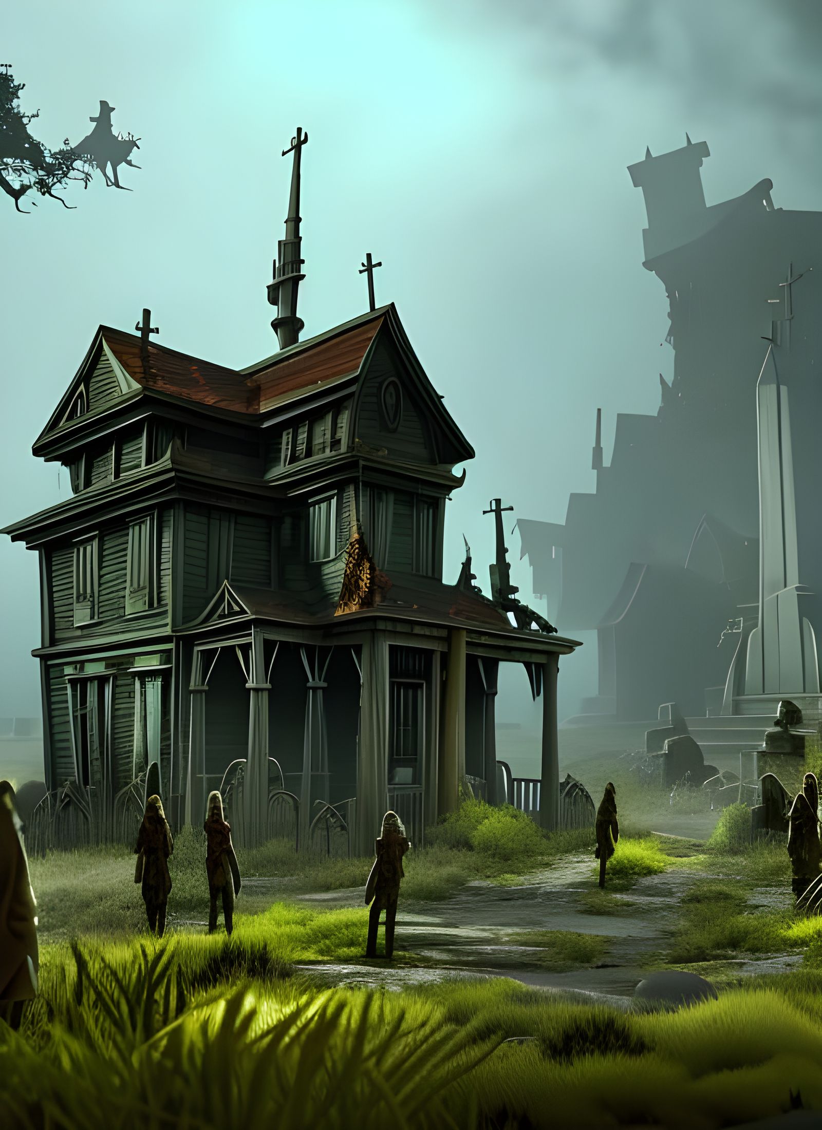 Haunted House Cemetery Scene in Dark Fantasy Style