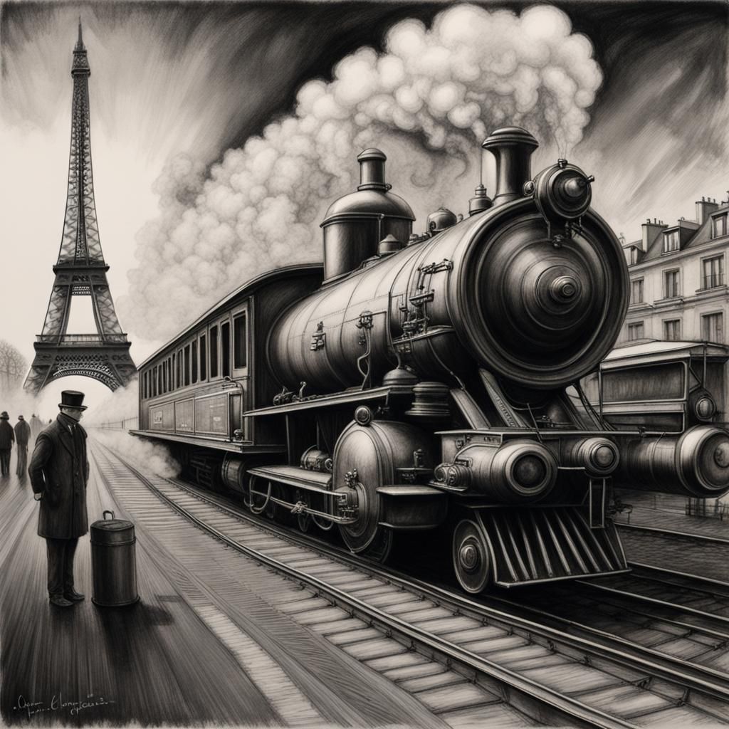 Steampunk Paris Scene with Zeppelin and Steam Train