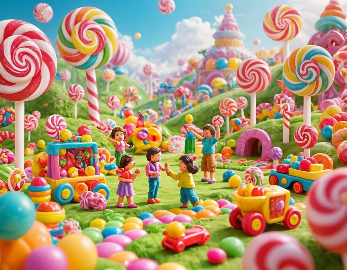 Vibrant Candyland Wonderland with Toys and People
