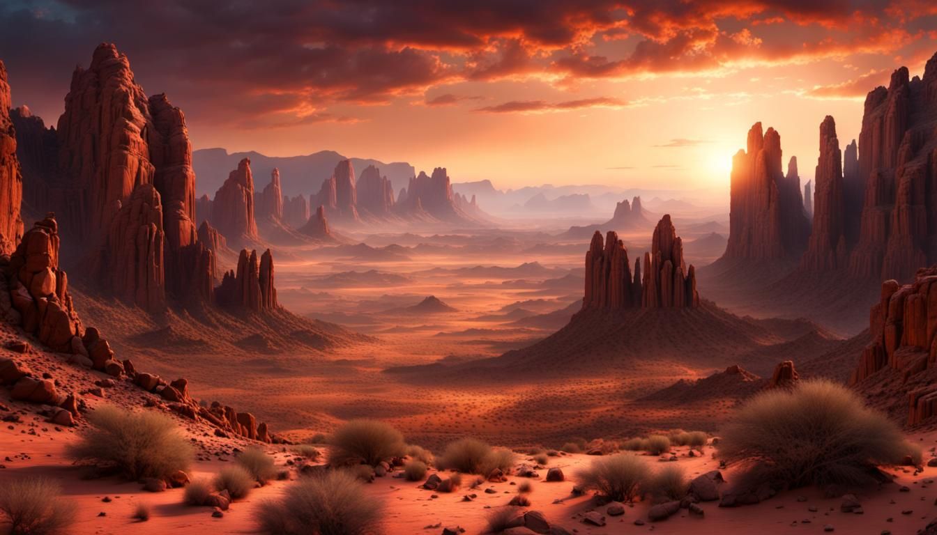 Dramatic Desert Valley at Sundown: Digital Matte Painting