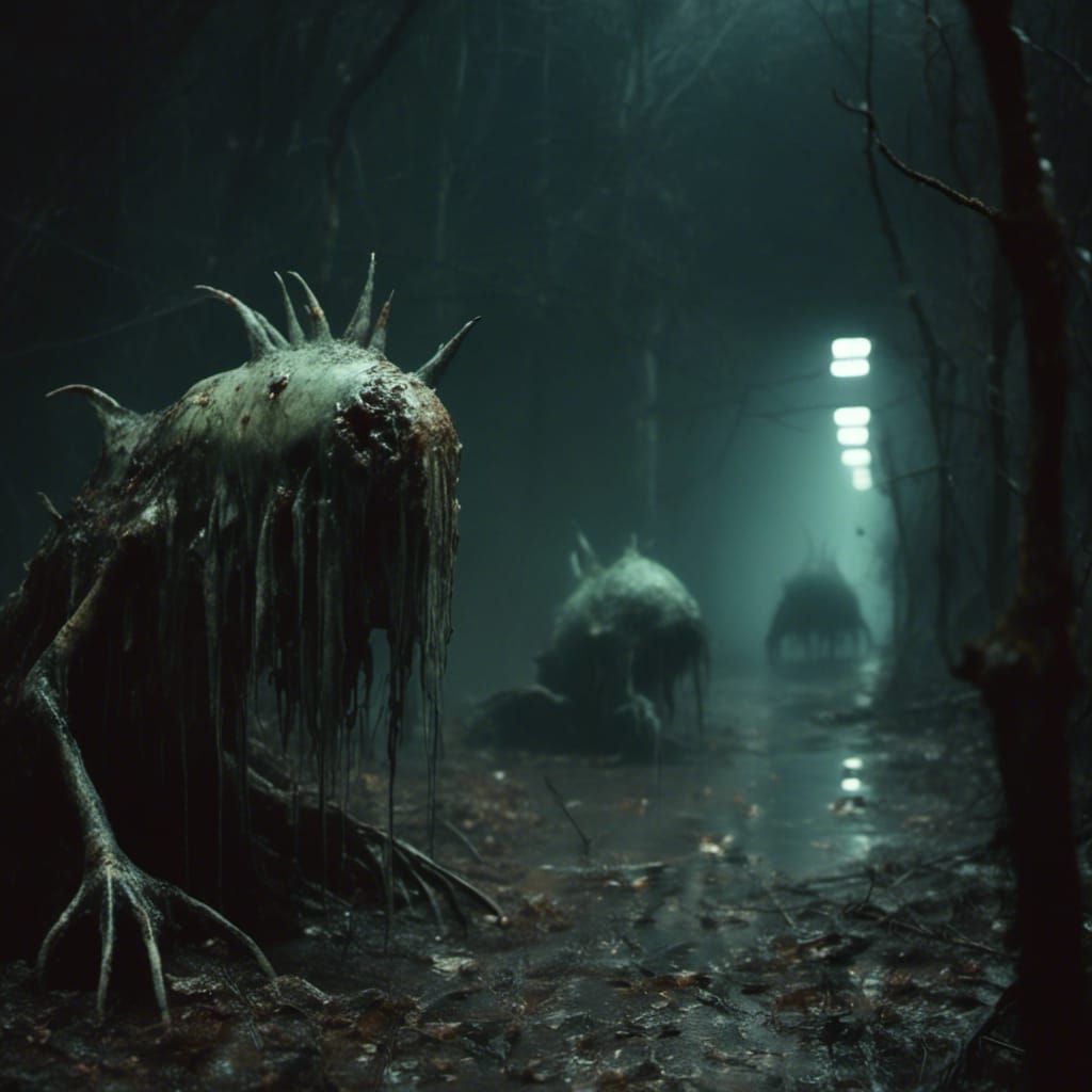 <lora:Macabre:1.0>  grotesque slug like monsters lurking in shadows, covered in slime, bodies of victims litter the grou...