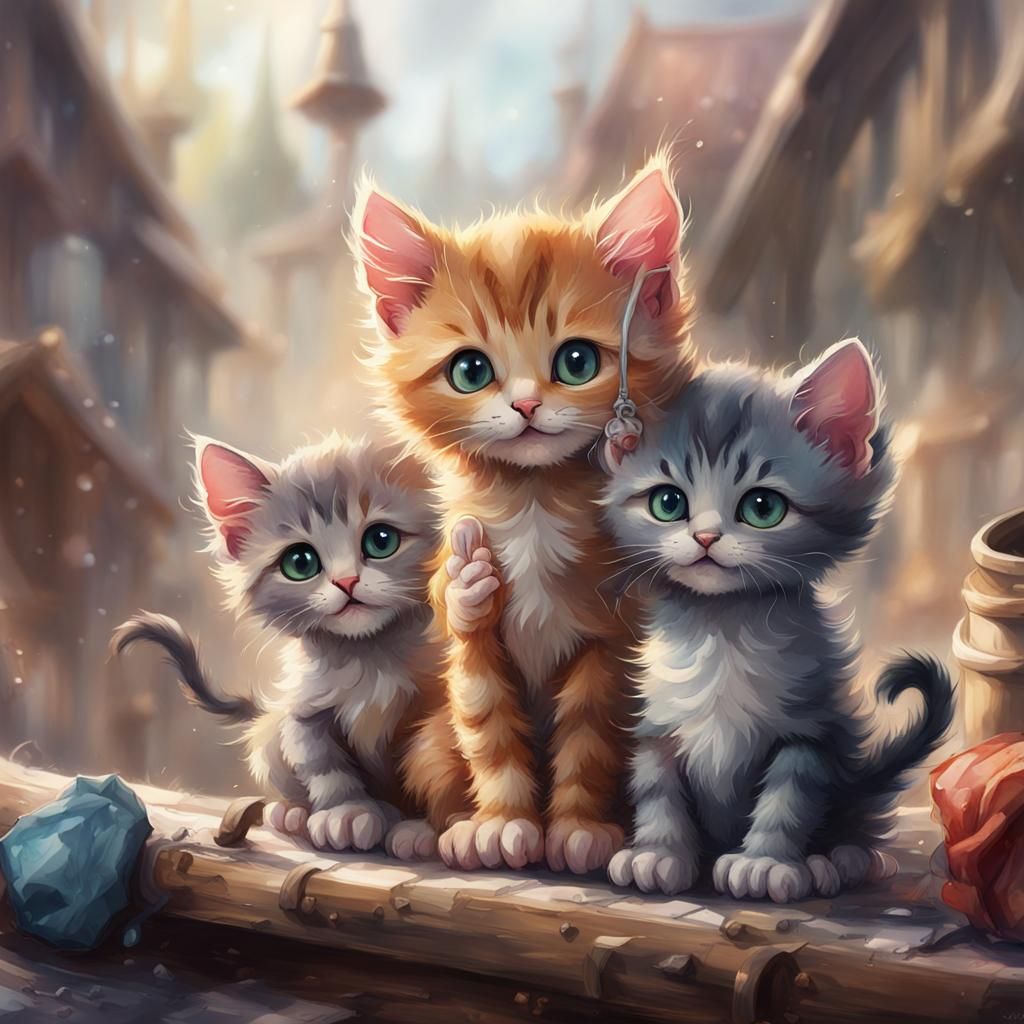 Lost Mittens: Watercolor Kittens in Fantasy Art Style