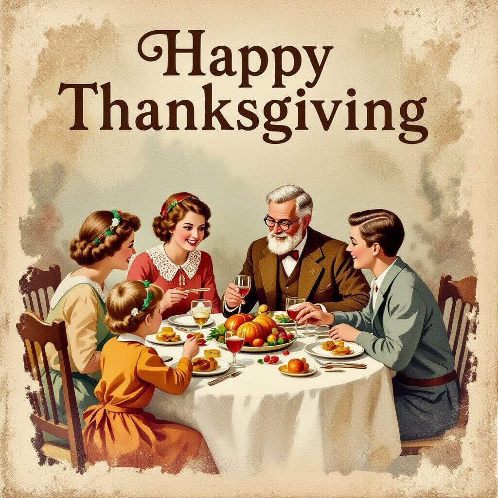 Vintage Thanksgiving Card with Nostalgic Family Scene