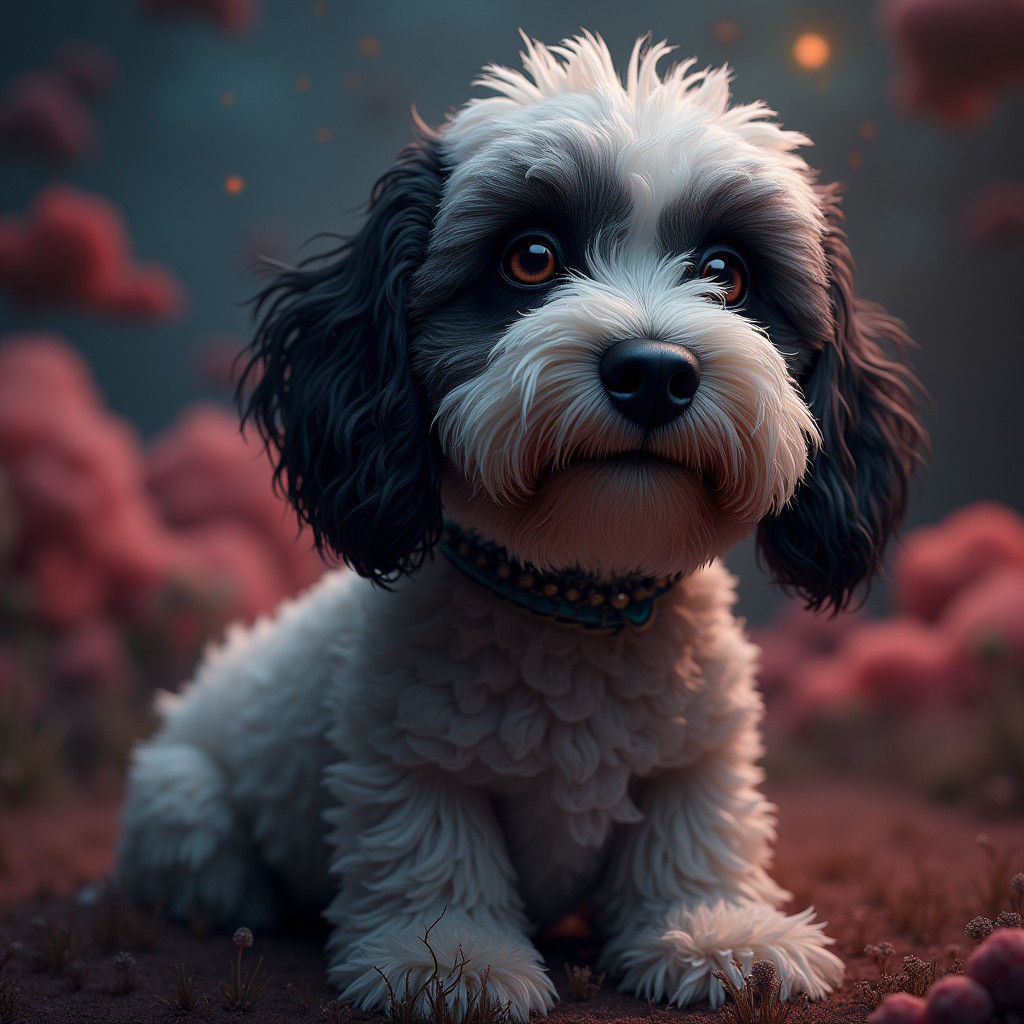 Regal Black and White Cockapoo in Fairy Tale Landscape