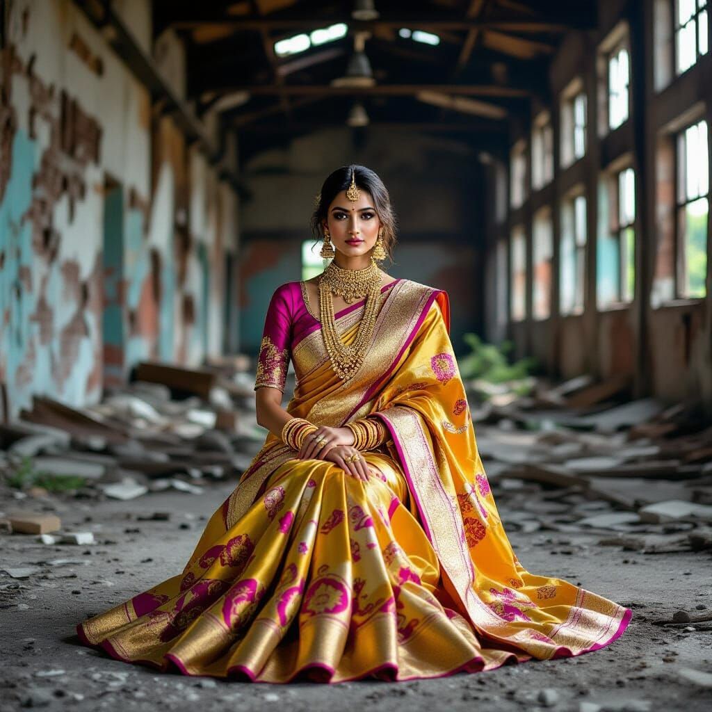 Woman in Saree Amidst Abandoned Industrial Decay