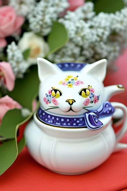 Lucky Cat Figurine at Tea Party: Kawaii Watercolor Art