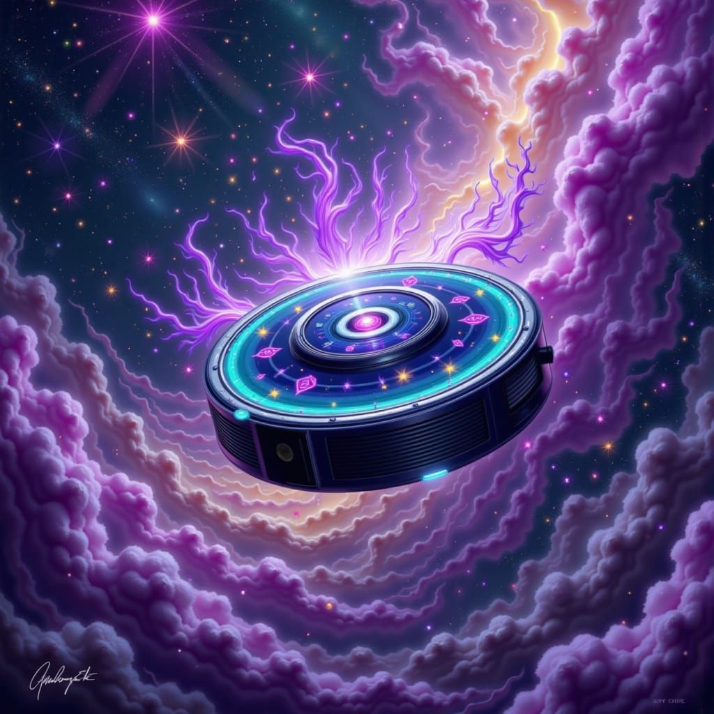 Magical Roomba Levitating in Cosmic Nebula