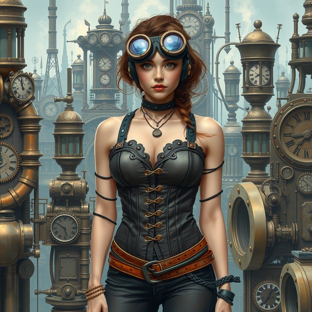 Steampunk Woman in Clockwork Metropolis