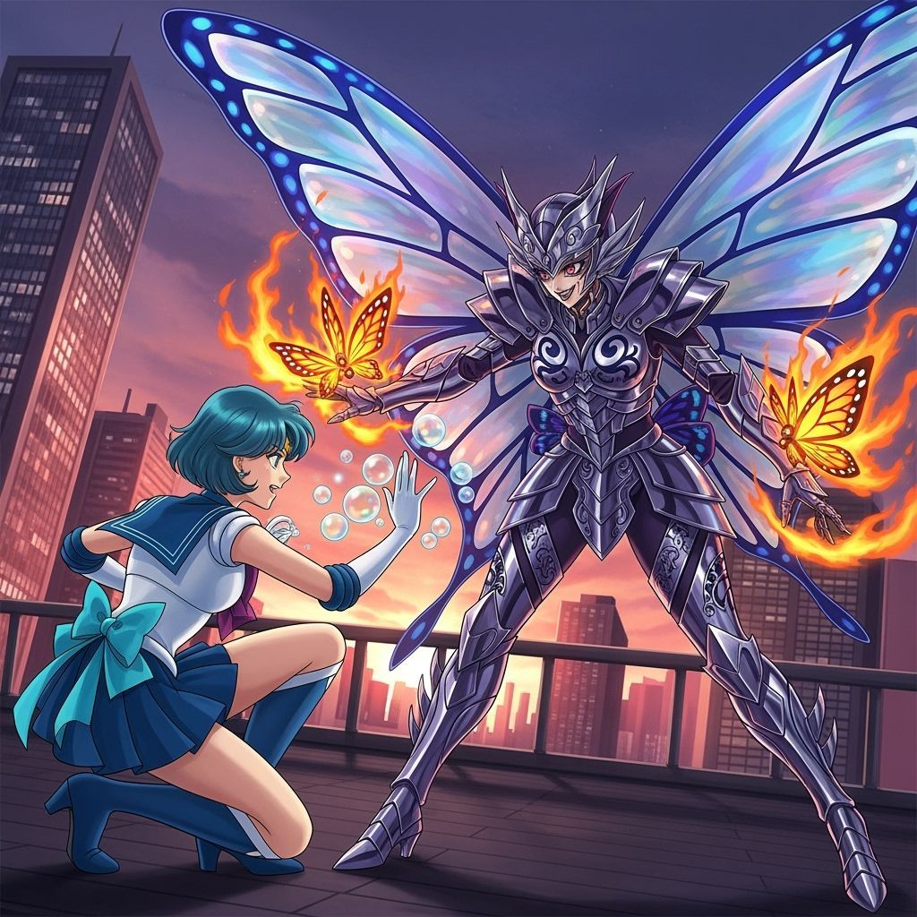 Sailor Mercury vs. Papillon in Anime Cityscape
