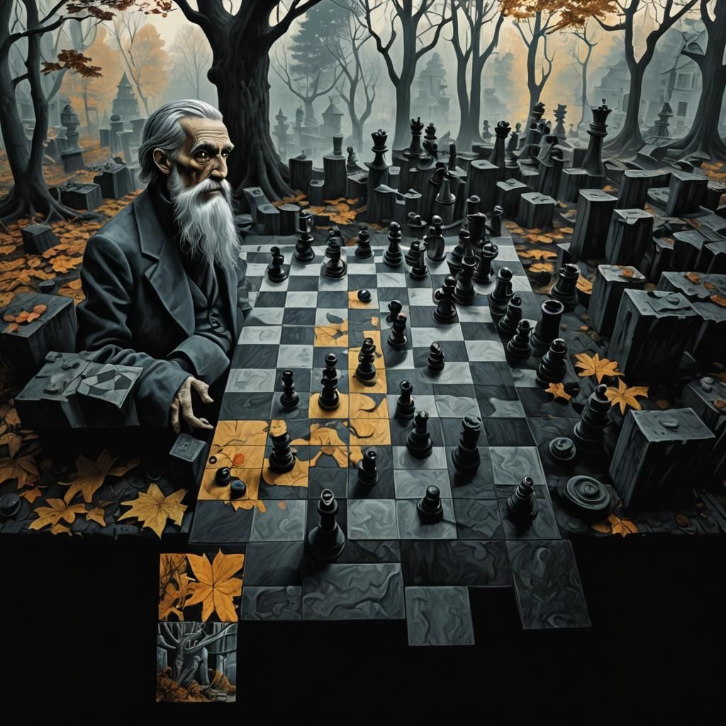 Surreal Chessboard in Autumn Forest, Dreamlike Art