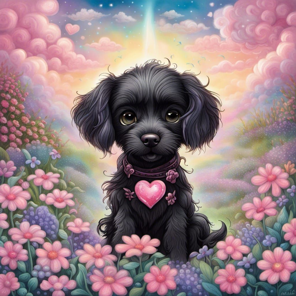 Chibi Black Dog Protected in Flower Garden