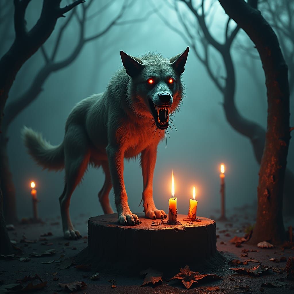 Grotesque Bloodied Dog in Mystical Forest