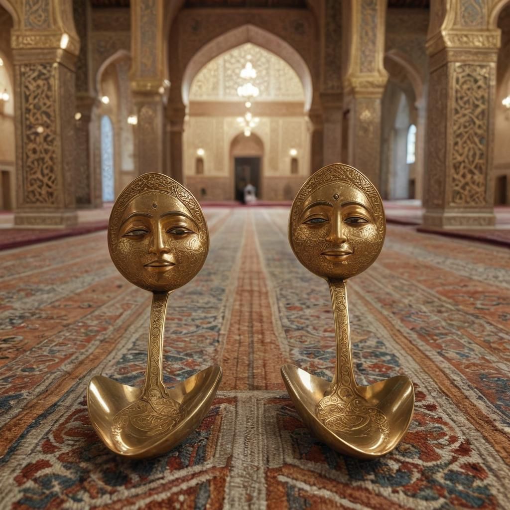 Spoons Praying in Mosque: Warm Digital Art