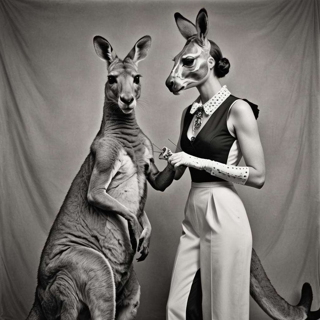 Giant Kangaroo with Pin-Up Model in Vintage Photo
