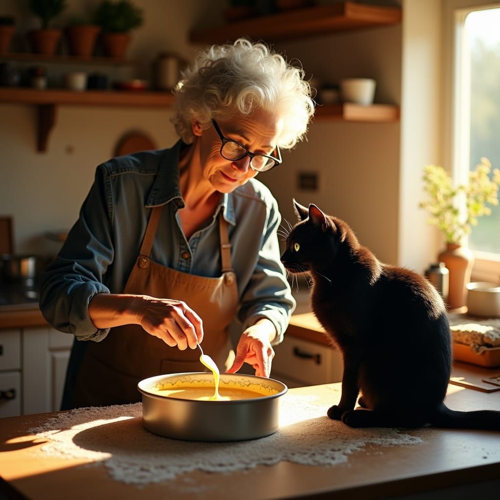 Cozy Kitchen Scene of Grandmother Baking Cake