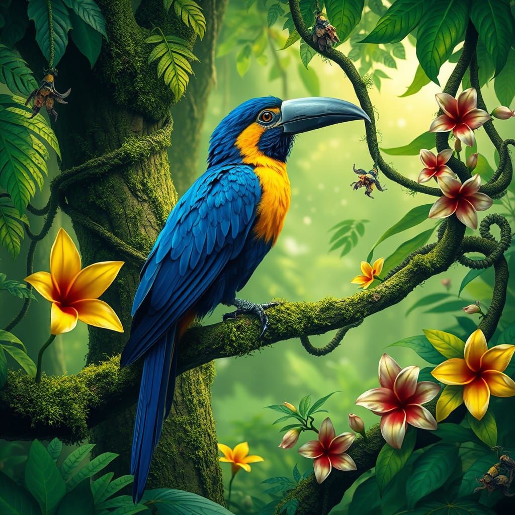 Exotic Jungle Bird in Lush Rainforest Setting