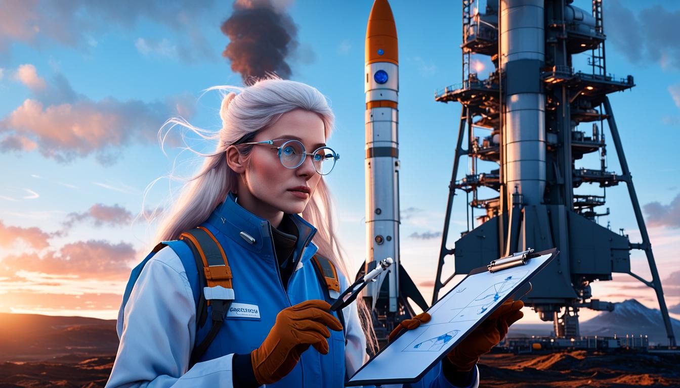 Female Scientist Inspects Rocket, Hyperdetailed Concept Art