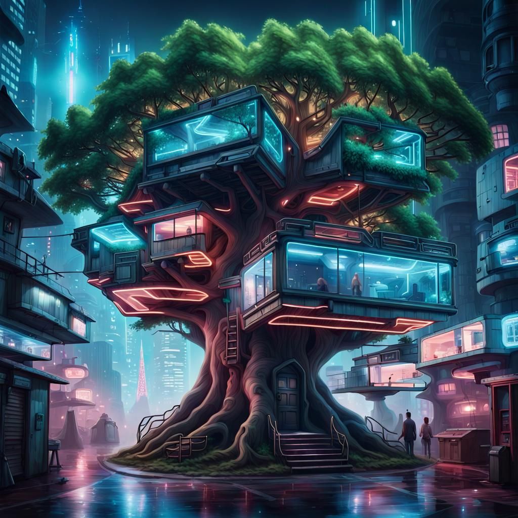Cyberpunk Treehouse in Neon Cityscape