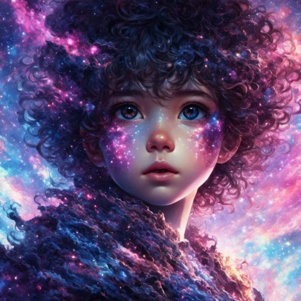 Cute Star Boy in Rainbow Nebula, Hyperreal Art