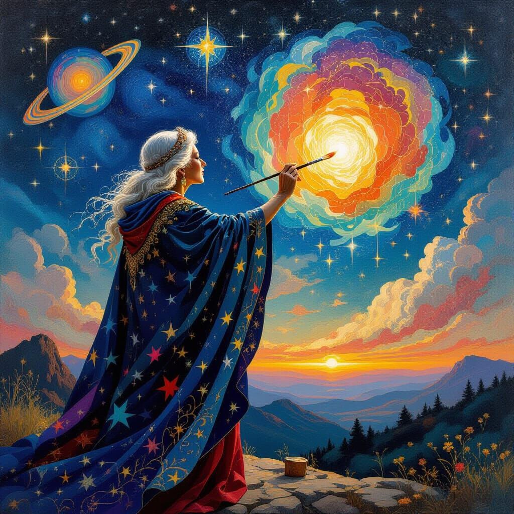 Elderly Goddess Paints Cosmic Mural in Biomechanical Surreal...