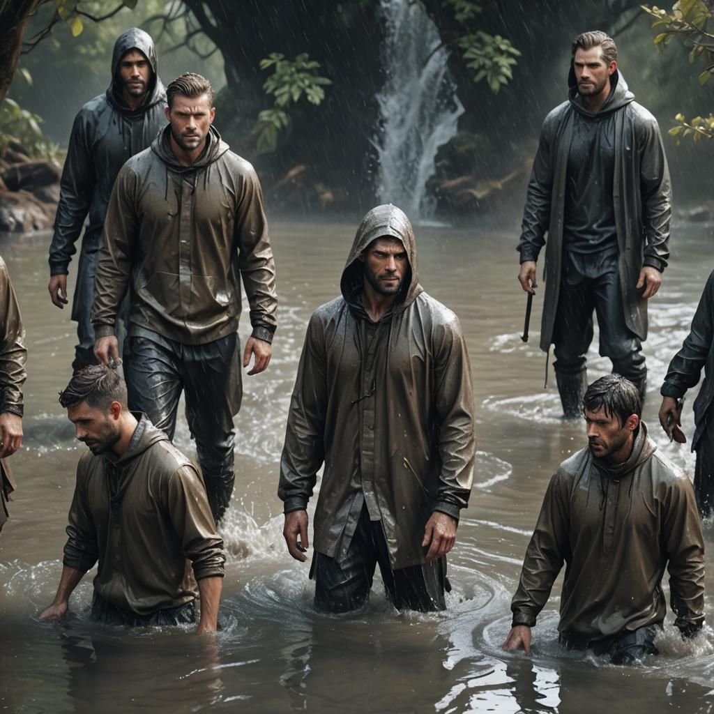 Monochromatic Image of Men in Wet Clothes