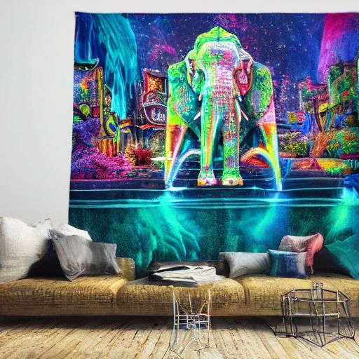 Majestic Elephant Lord in a Neon Fantasy Landscape