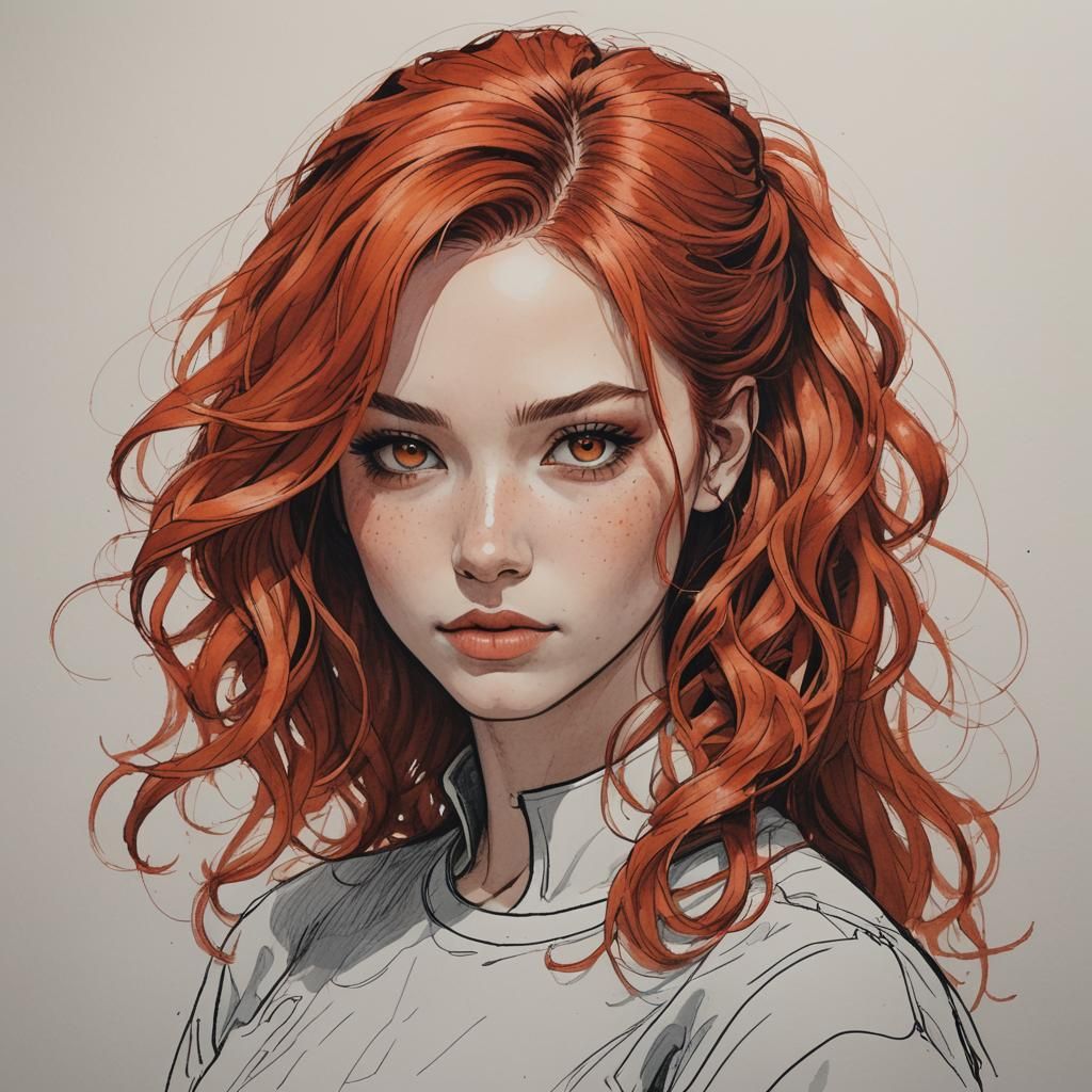 Drawing of a Girl with Fiery Red Hair