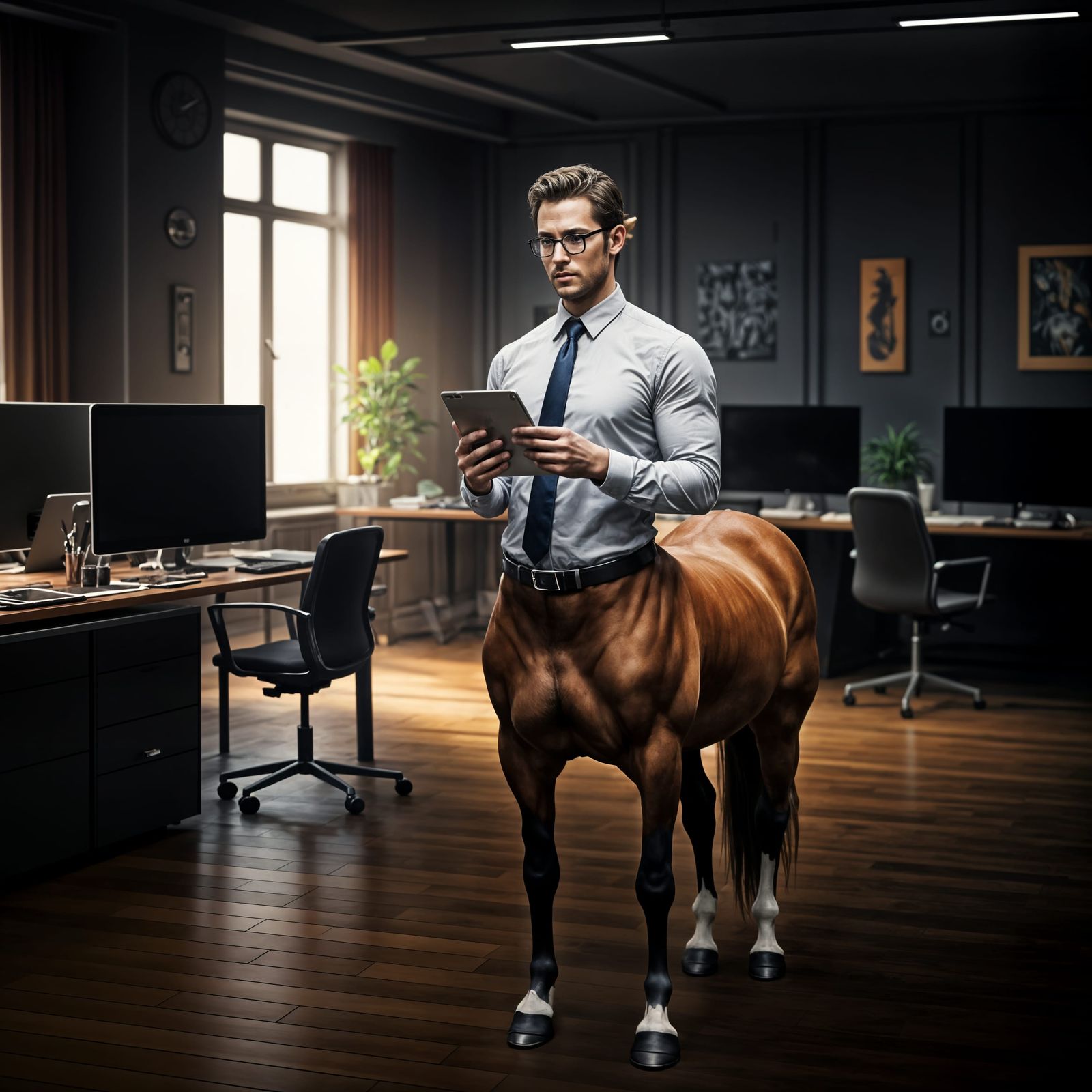 Centaur Reviewing iPad in Modern Office