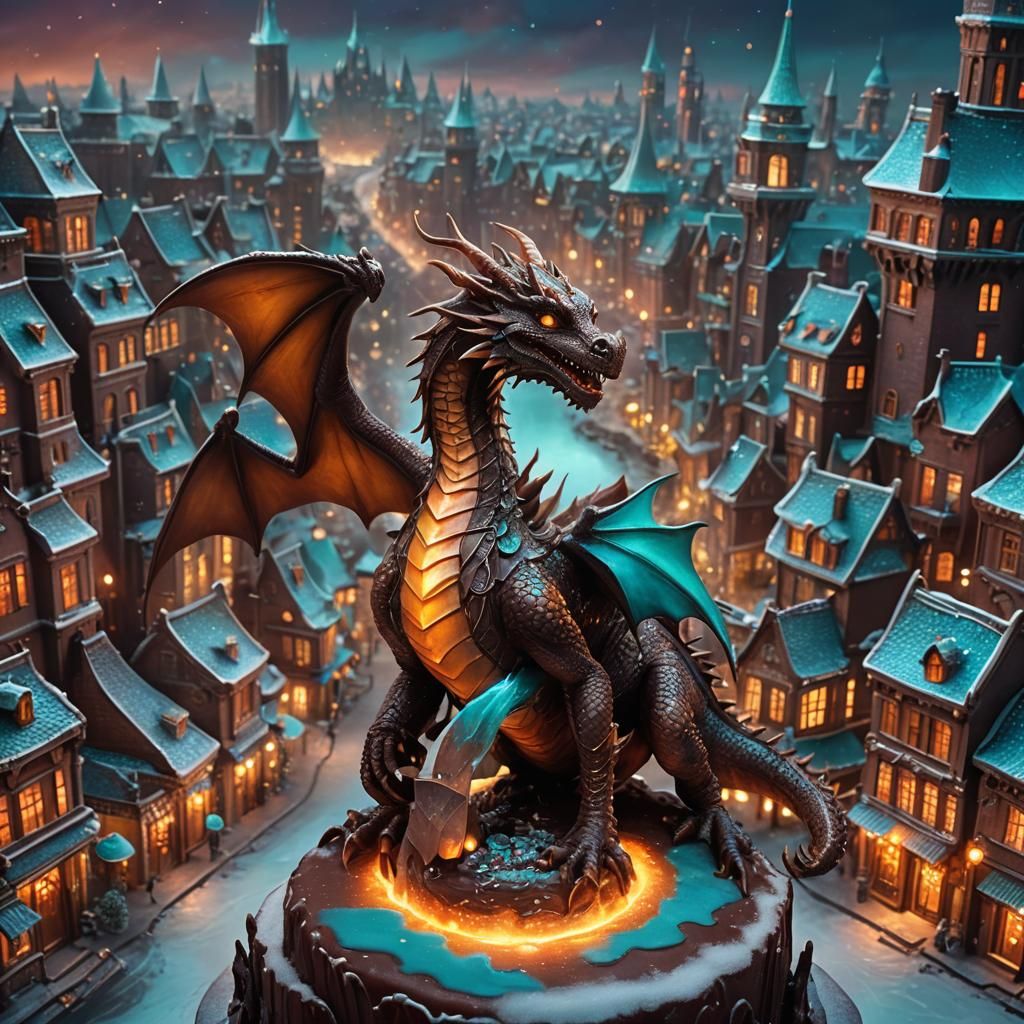 Chocolate Dragon Sculpture in Whimsical City