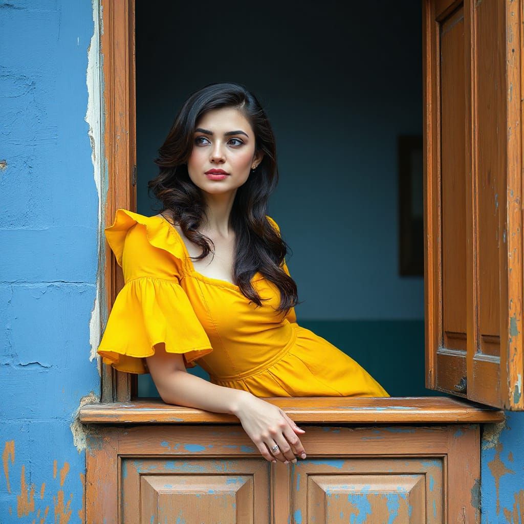 Woman in Yellow Dress: Impressionistic Portrait on Windowsil...