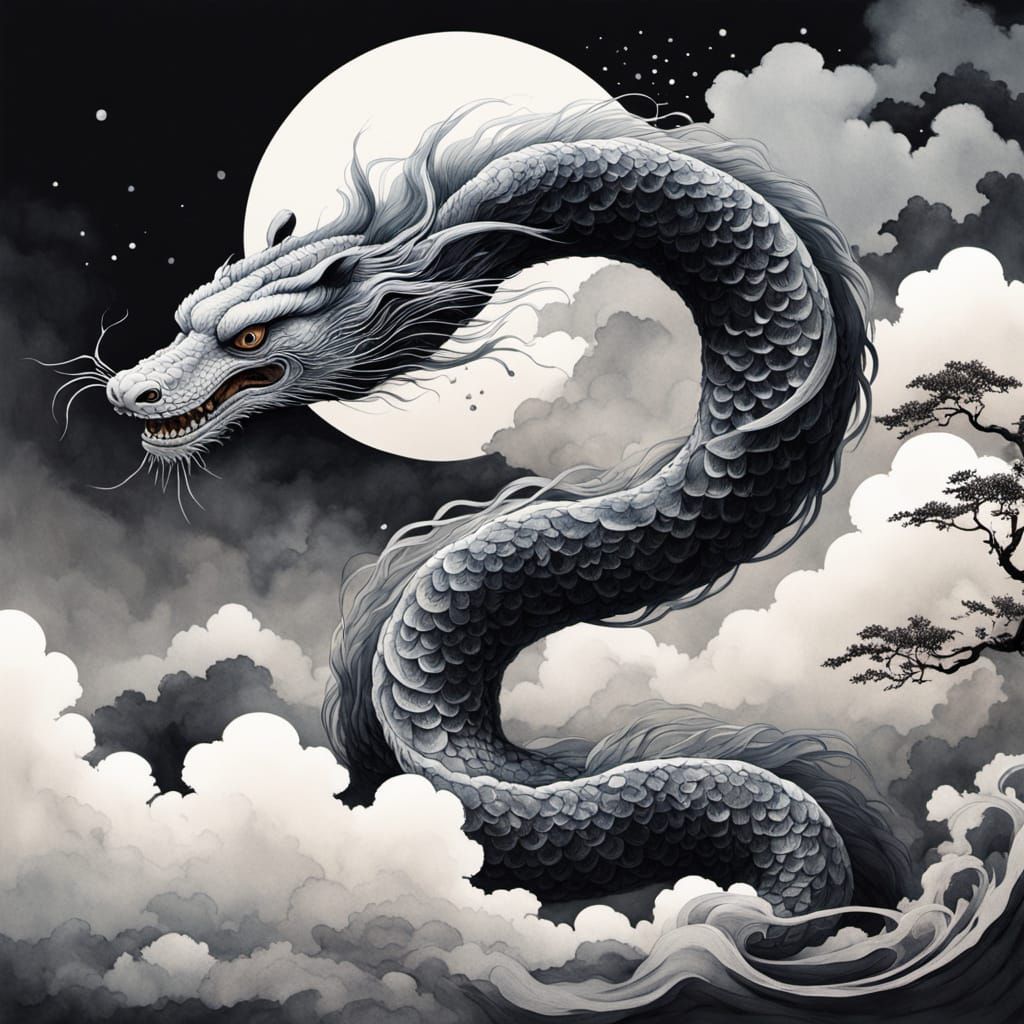 Surreal Japanese Ink Painting of Serpent Entwined in Feather...