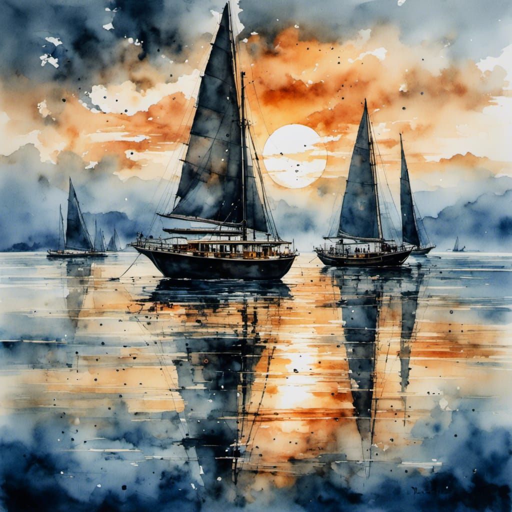 Catamaran at Sunrise in Water-Ink Style