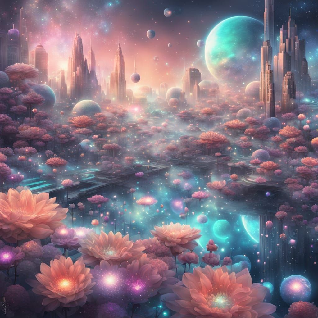 Cities on Cosmic Flowers: Surreal Digital Art