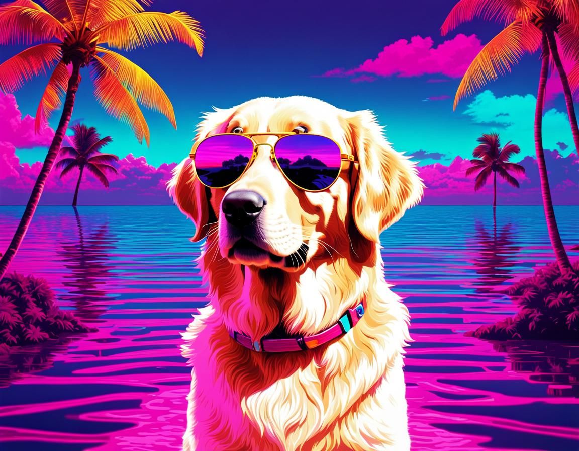 Golden Retriever Puppy in Vaporwave Neon Miami