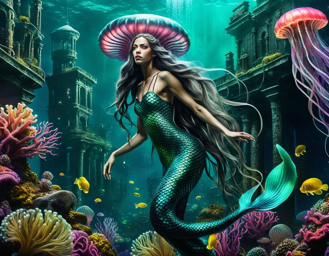 Kraken Mermaid Swimming in Synthwave City Ruins