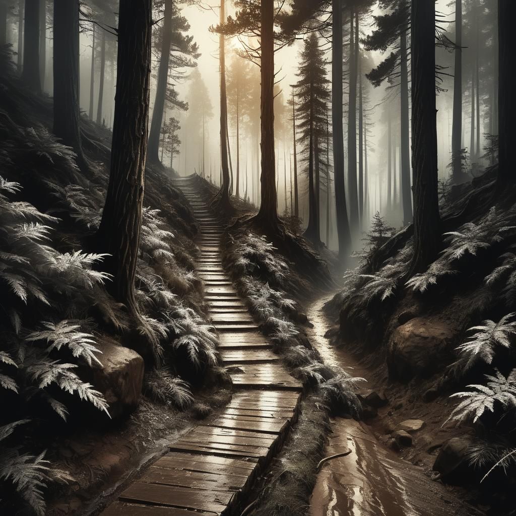 Sepia Forest Path in Rainy Mountain Landscape
