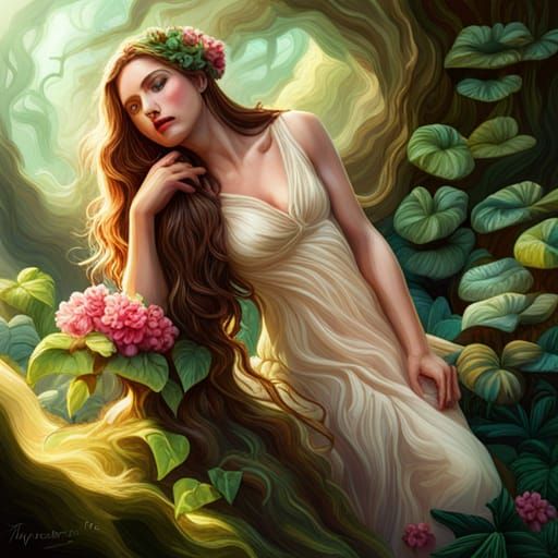 Ethereal Woman Covered in Flowers: Hyperrealistic Acrylic Ar...