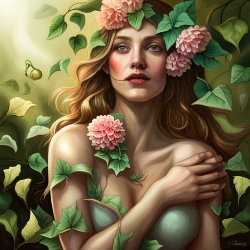 Ethereal Woman in Flowers: Hyperrealistic Acrylic Painting