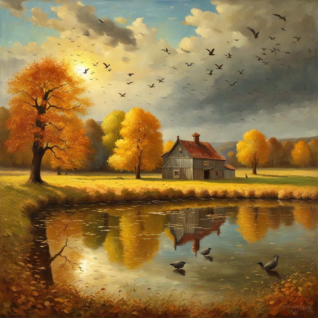 Autumn Pond Scene in Oil Painting Style