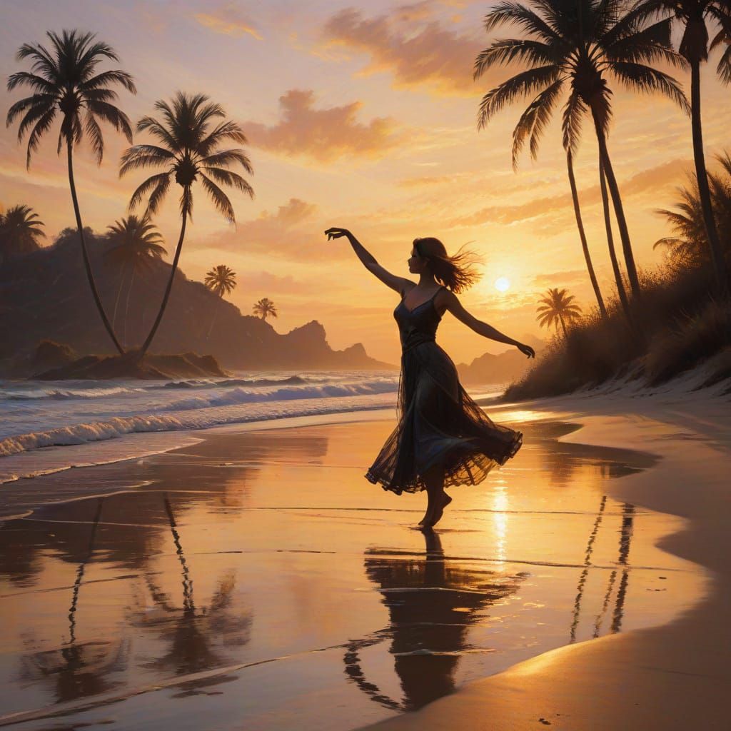 Impressionist Island Sunset with Dancing Woman