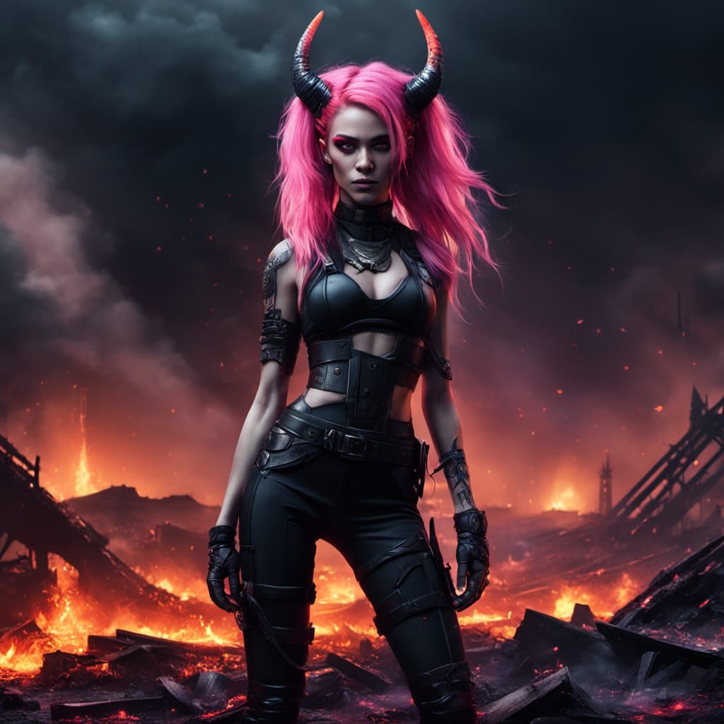 Cyberpunk Demon Girl in Burning Wasteland with Neon Hair