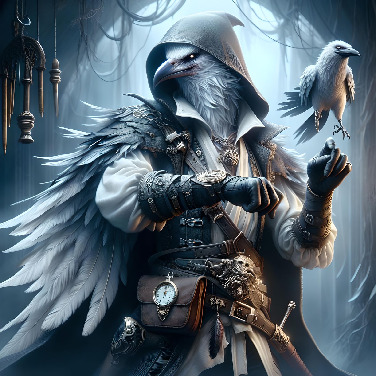 Albino Kenku Bard Unsheathes Dagger in Digital Painting