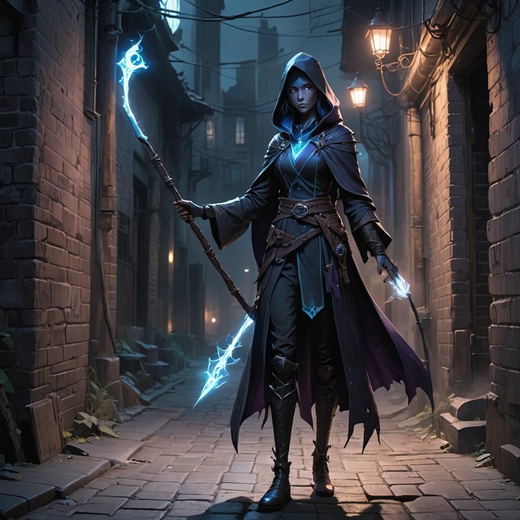 Warlock in Dim Alleyway with Eldritch Energy, Anime Art