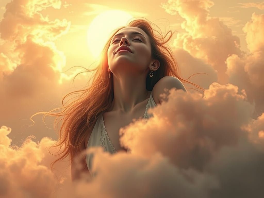 Woman in Ecstasy with Golden Light and Clouds