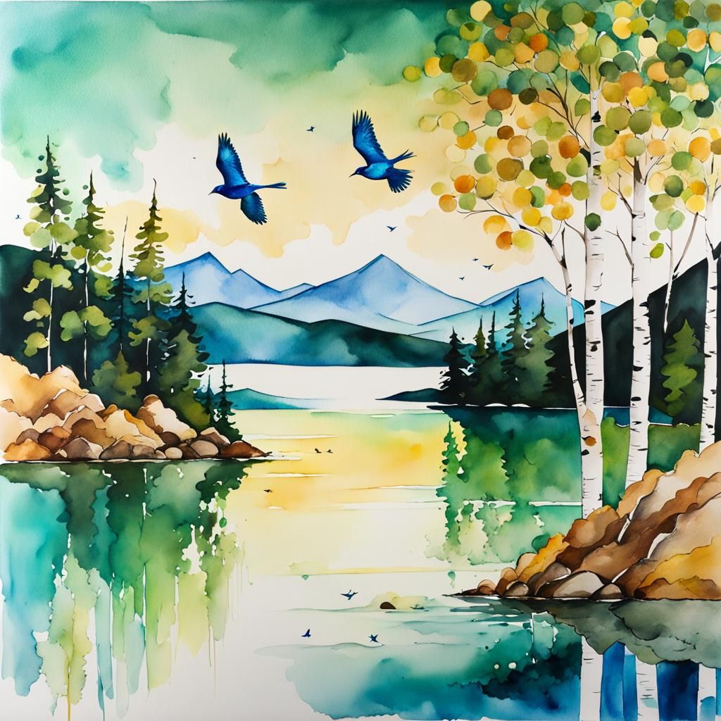 Golden Mountain Lake: Watercolor and Ink Landscape